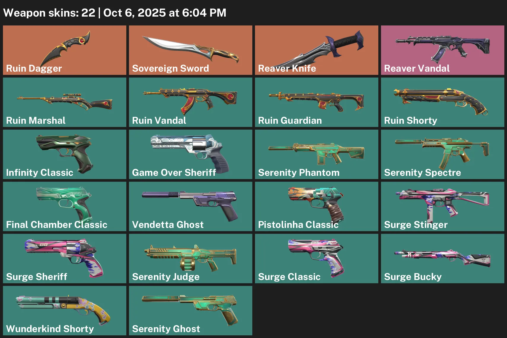 EU | 22 Skins + 3 Knives | Ruin Dagger | Sovereign Sword | Reaver Knife | Reaver Vandal | Serenity Phantom | 4x Platinum Buddy + 2x Gold Buddy